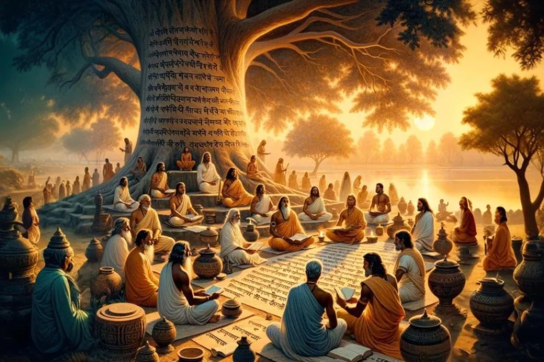 Community gathered beneath a great sacred tree at sunset