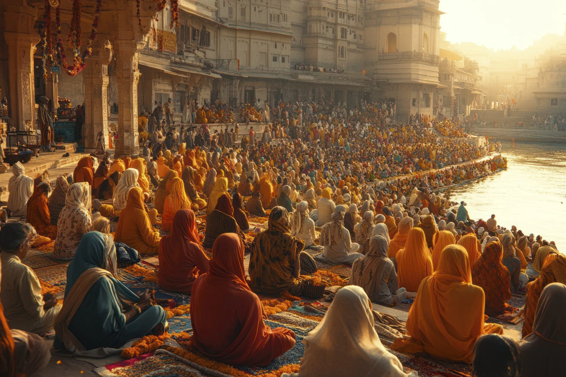 Large gathering of devotees on the river ghats