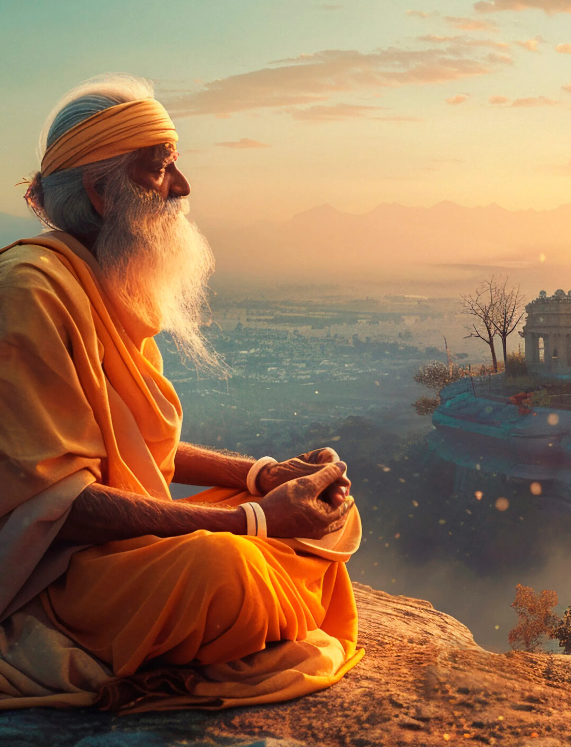 Himalayan sage in saffron robes meditating on a cliff at sunrise