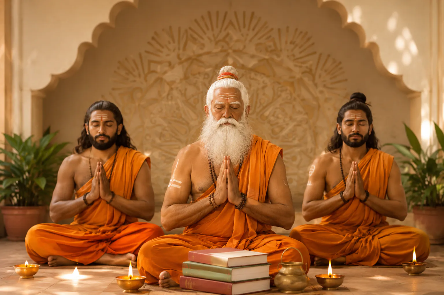 Three monks sitting in prayer — preserving Sanatana Dharma