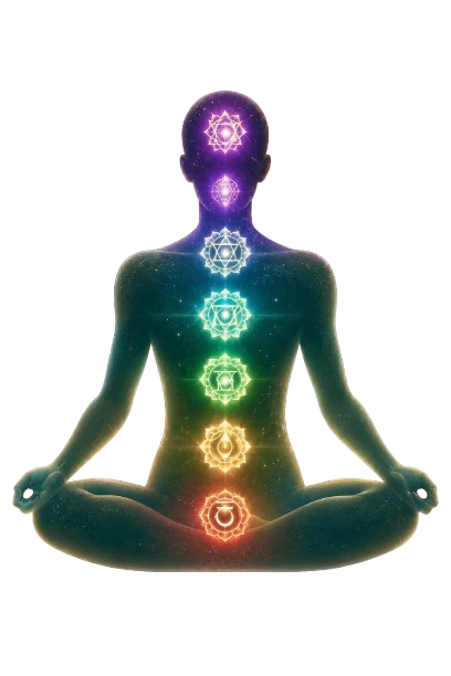 Illustration of a meditating figure with the seven chakras glowing — spiritual wellness at Bhagavad Karma
