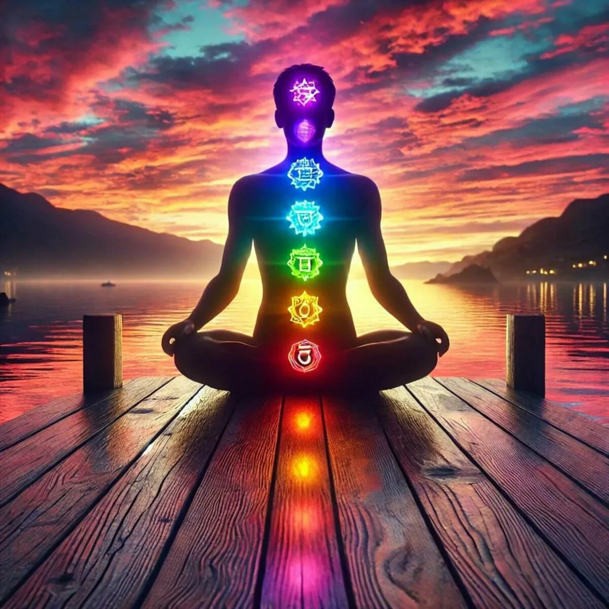 Person meditating on a lakeside pier at sunset with glowing chakra energy points
