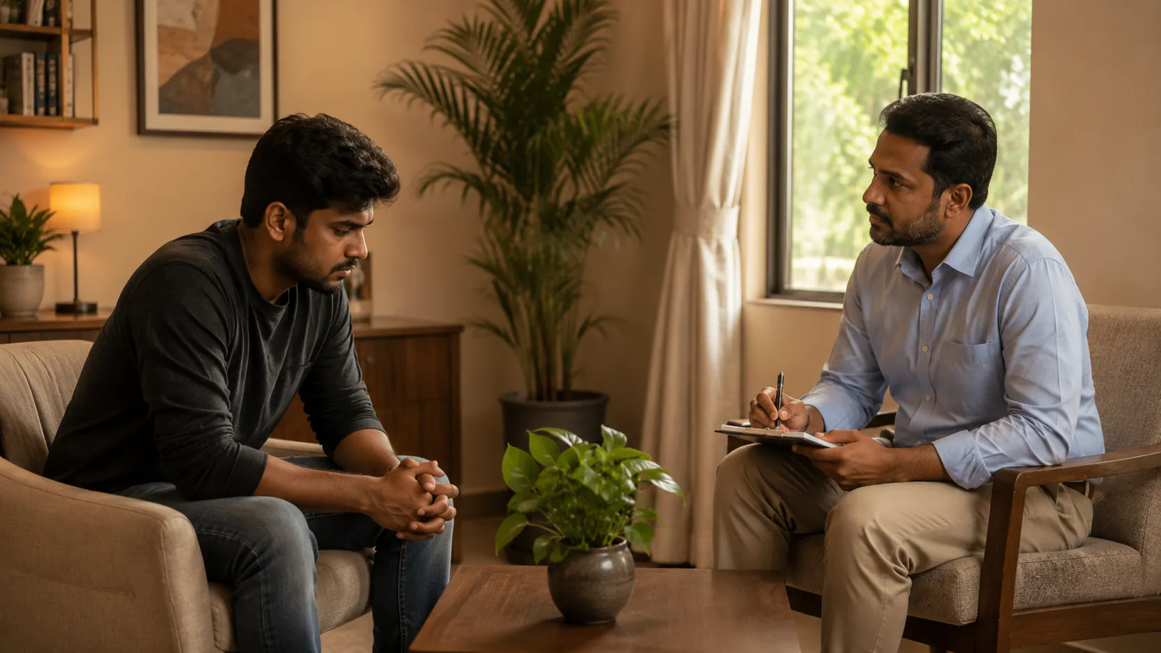 Counsellor supporting a young man during a de-addiction counselling session