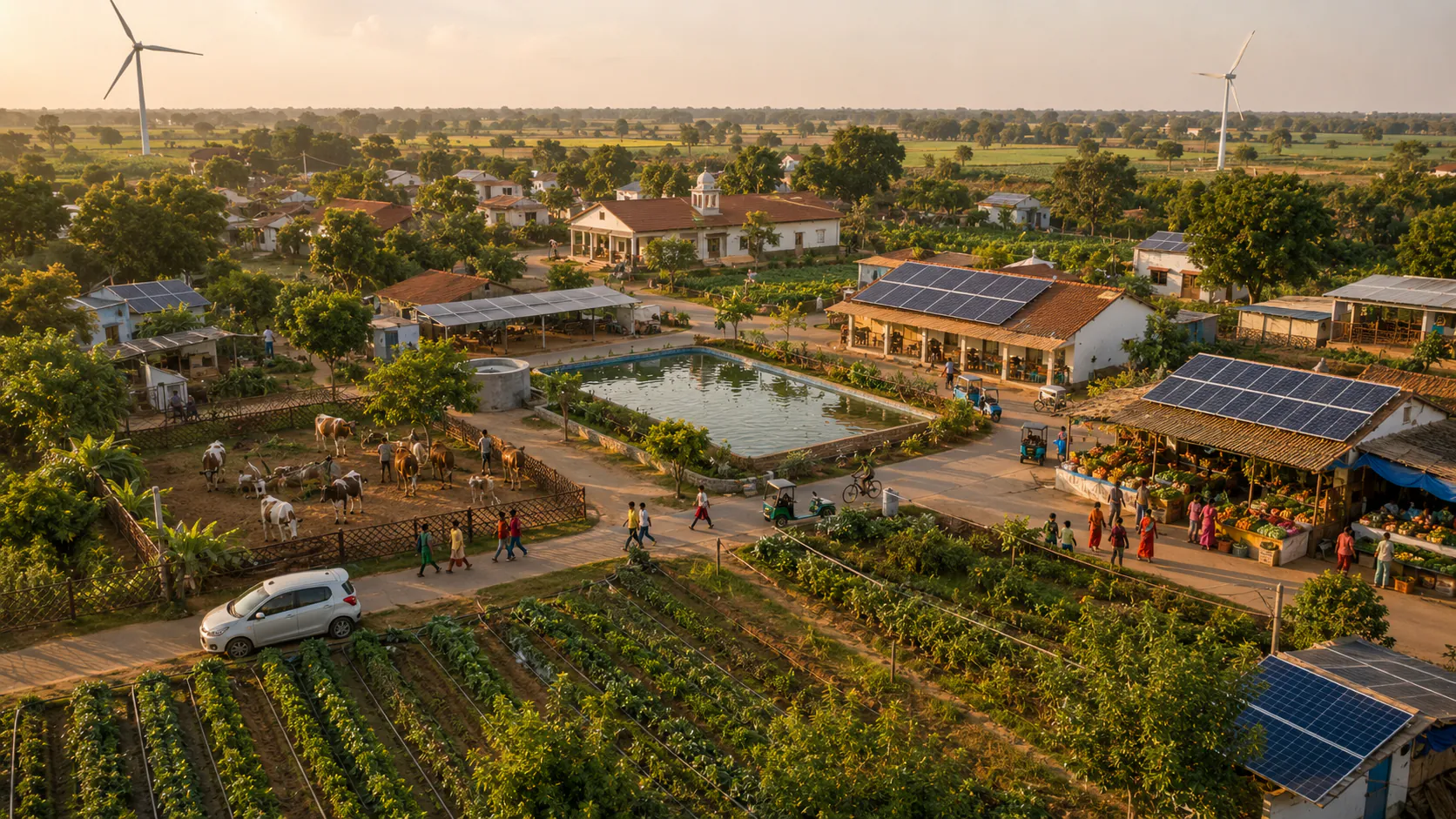 Aerial view of a self-sufficient village with solar panels, ponds and farms
