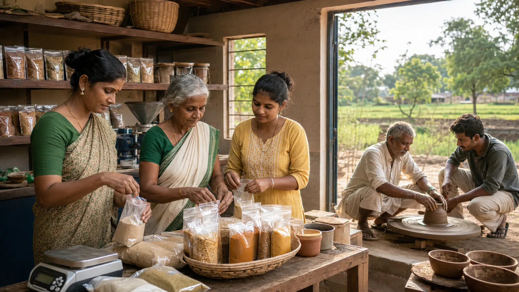 Village women artisans packaging handmade products for sustainable livelihoods