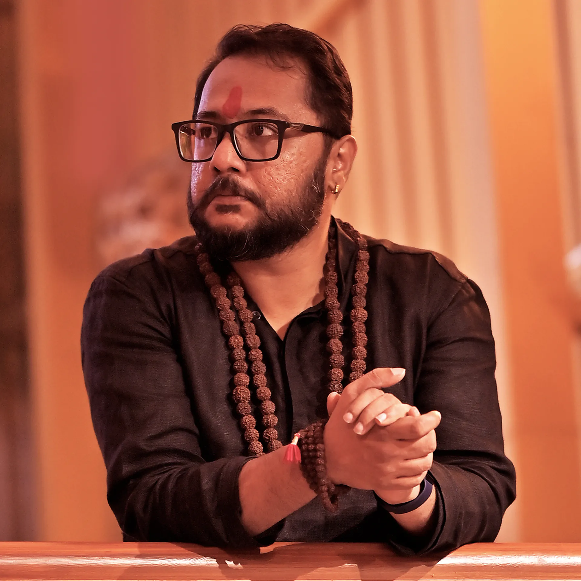 Portrait of Swami Bhadraanand wearing rudraksha beads