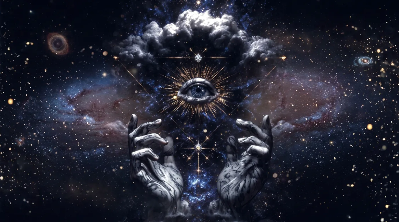 Cosmic eye between open hands representing auric forecasts