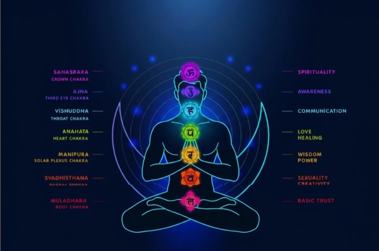 Chart of the seven chakras from Muladhara to Sahasrara on a meditating figure