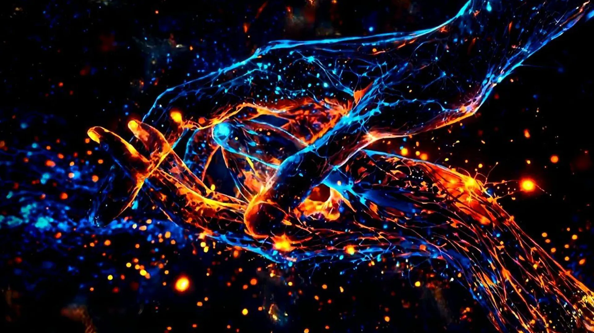 Two hands connected by glowing energy — Divya Vasheekaran and Aura Science seminar