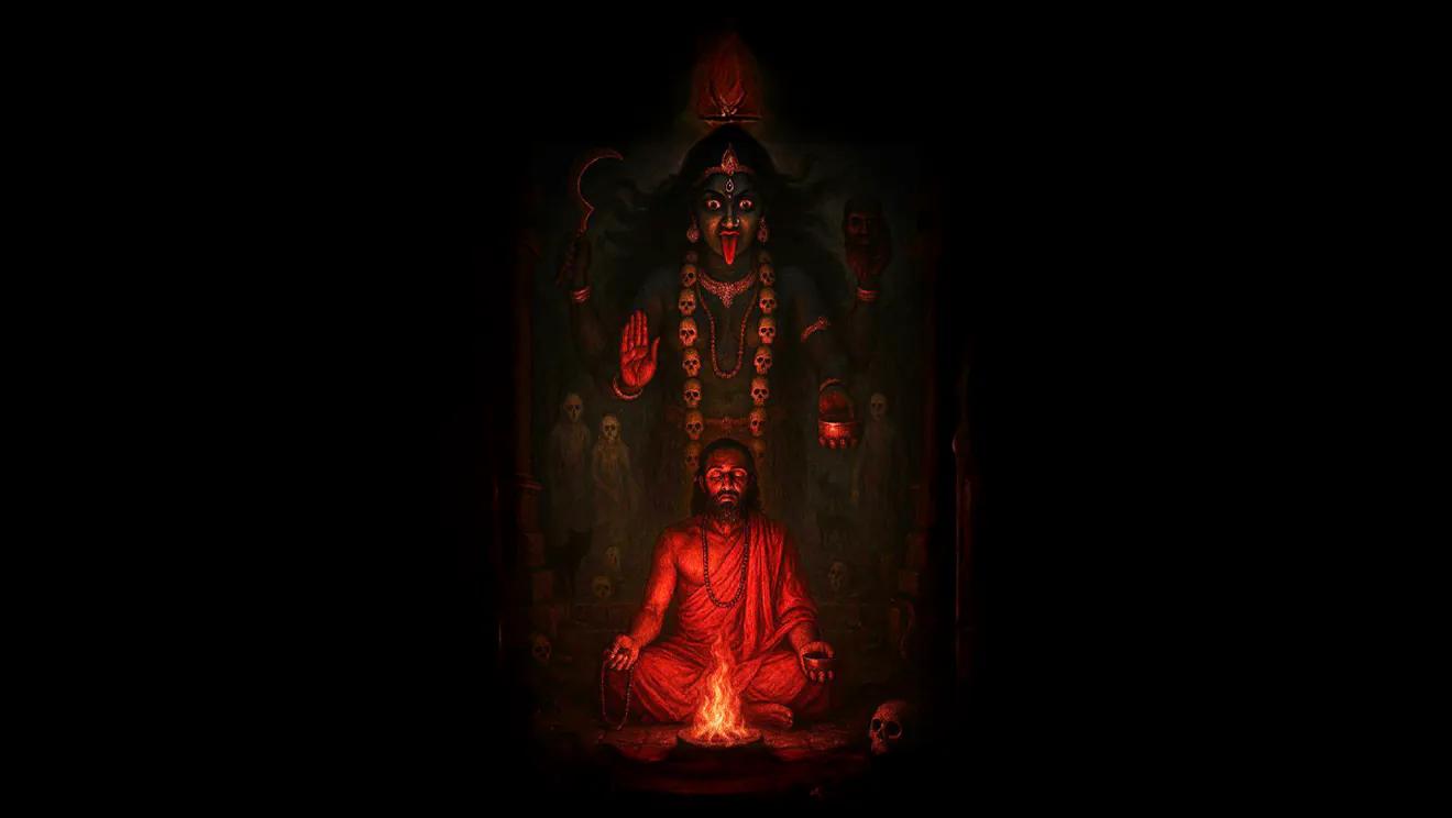 Devotee meditating before a glowing image of Maa Kaali — Mystic Kriya