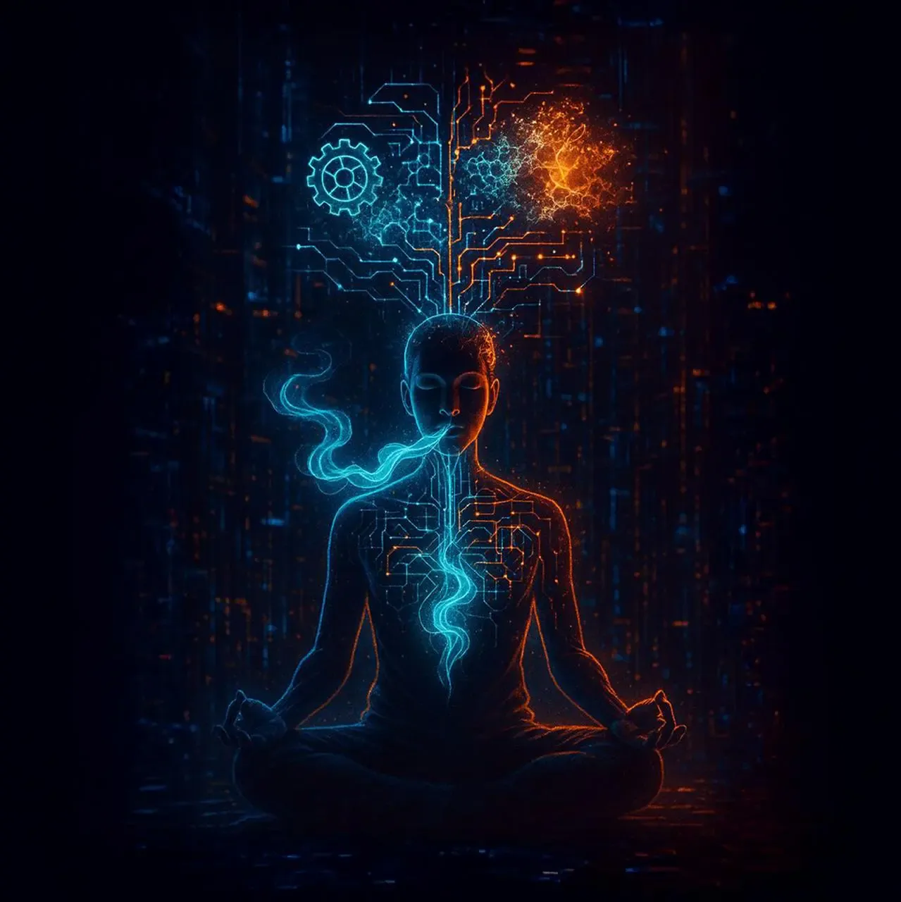 Illustration of a meditating body with balanced energy — aura testing and corrections