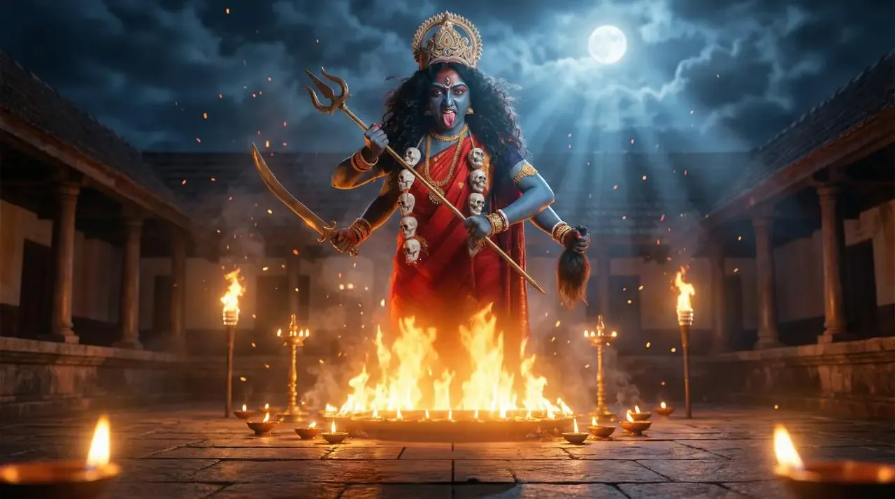 Maa Kaali above a sacred fire — the Kapala Kaali Homa ritual