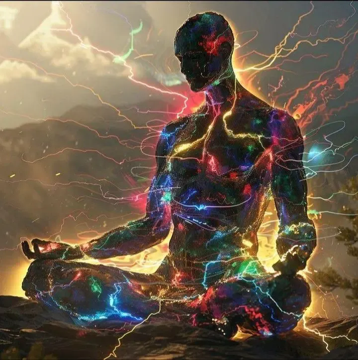 Meditating figure charged with colourful energy — mystic spiritual practices