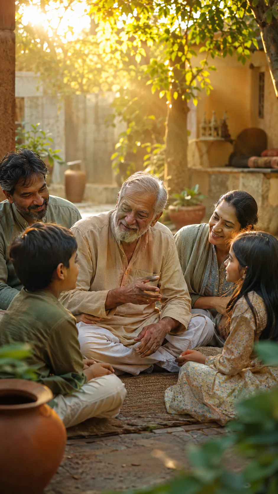 Family elders sharing stories and wisdom with children