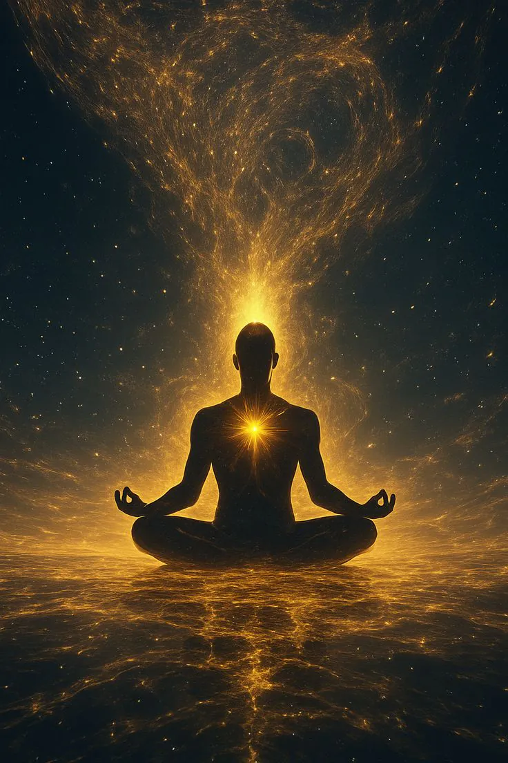 Meditating figure radiating golden light — the path of wisdom
