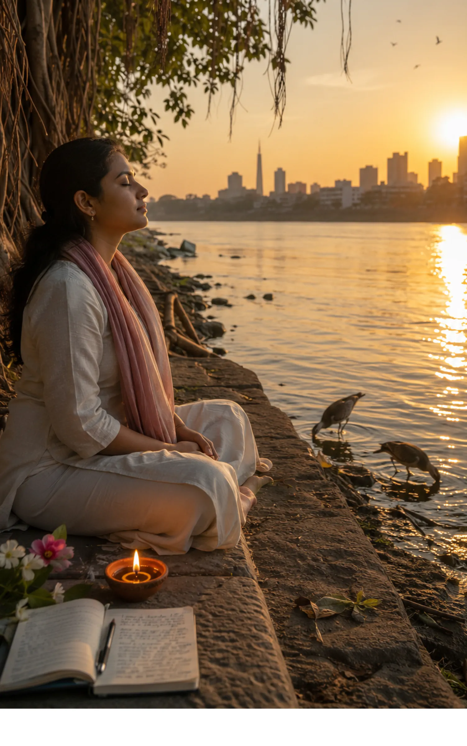 Woman meditating by the river at sunset with a book and diya