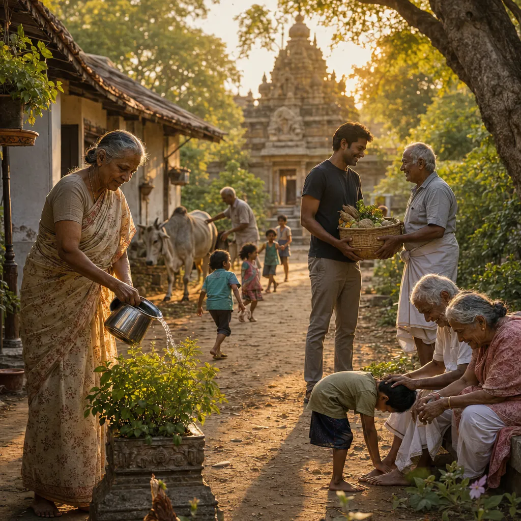 Village women tending plants near a temple — living in harmony and gratitude
